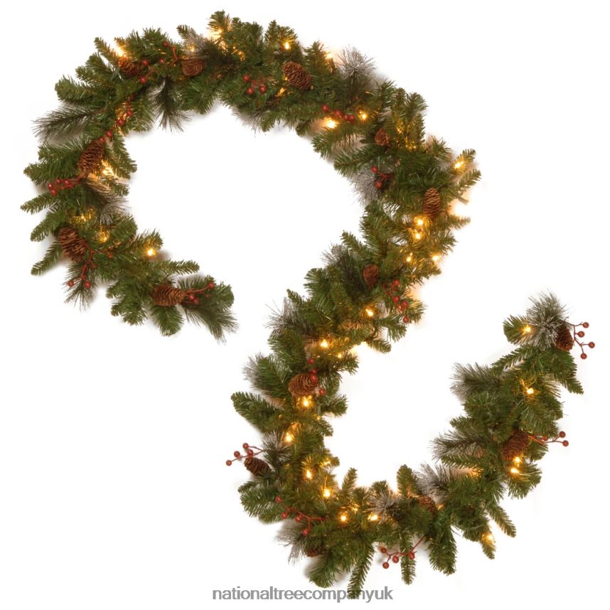 Greenery | National Tree Company Pre-Lit Artificial Christmas Garland Green Crestwood Spruce White Lights Decorated with Pine Cones Berry Clusters Battery Operated Christmas Collection 9 Feet